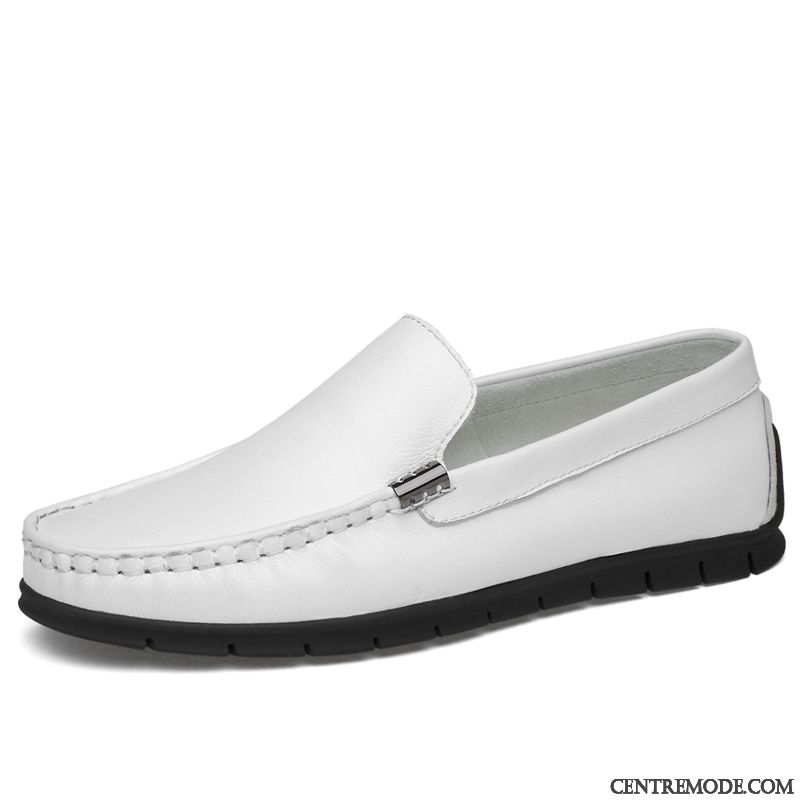 Mocassins Homme Décontractée Tous Les Assortis Chaussures En Cuir Été Cuir Véritable Blanc