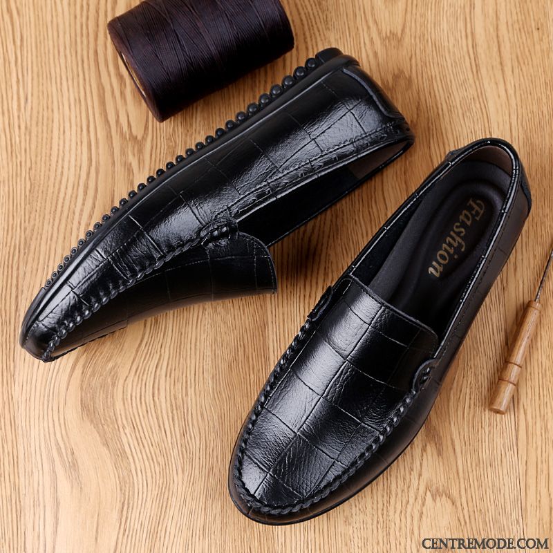 Mocassins Homme Jeunesse Décontractée Cuir Véritable Flâneurs Chaussures En Cuir Respirant Noir