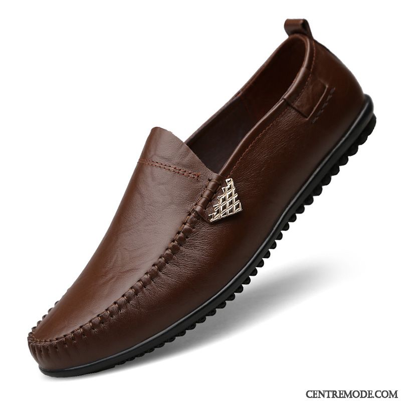 Mocassins Homme Jeunesse Décontractée Tendance Chaussures En Cuir Cuir Véritable Respirant Rouge Marron