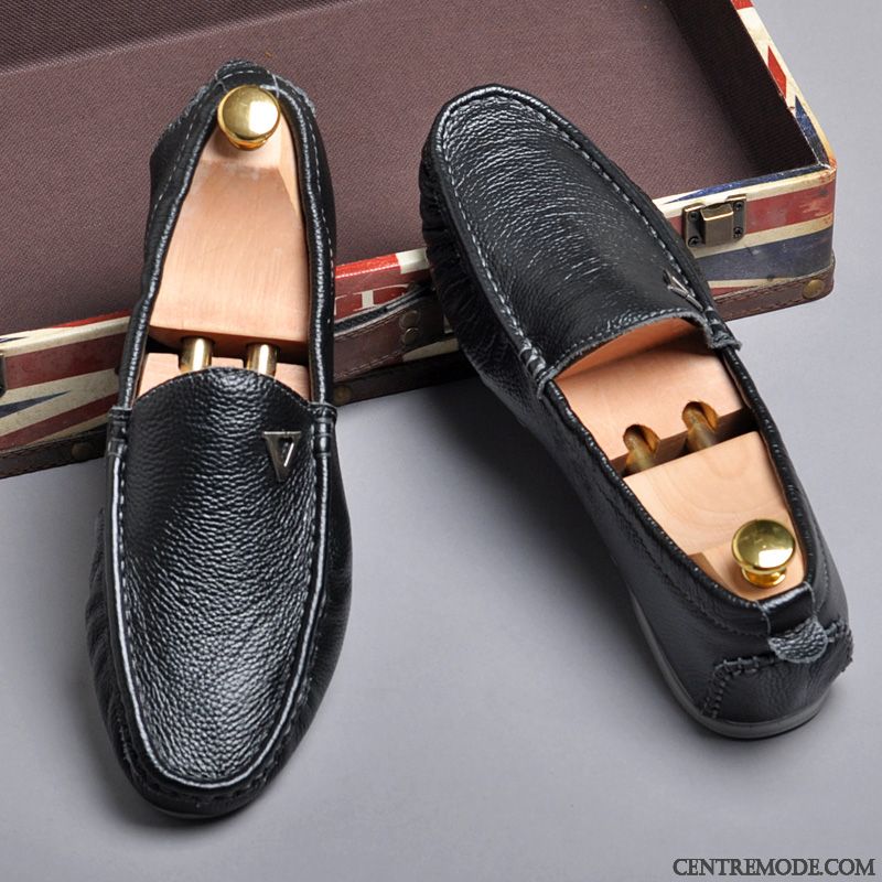 Mocassins Homme Respirant Chaussures En Cuir Cuir Véritable Angleterre Tendance Décontractée Noir