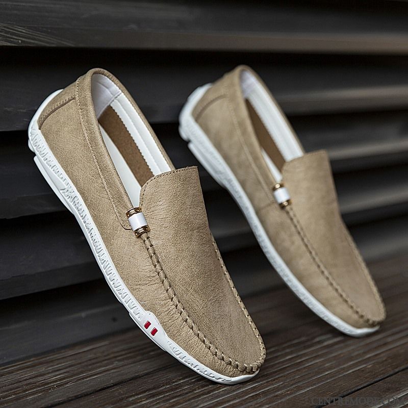 Mocassins Homme Respirant Chaussures En Cuir Décontractée Flâneurs Été Tendance Blanc Marron