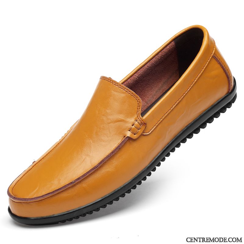 Mocassins Homme Respirant Décontractée Été Chaussures En Cuir Creux Guipure Cuir Véritable Jaune