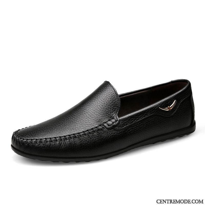 Mocassins Homme Semelle Doux Chaussures En Cuir Sandales Cuir Véritable Été Décontractée Noir