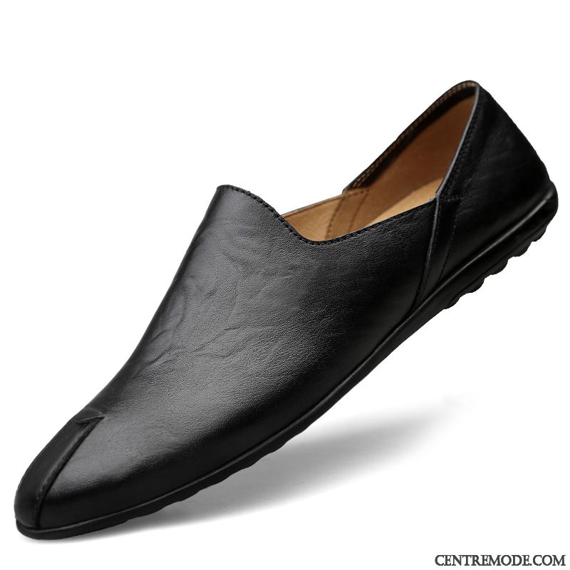 Mocassins Homme Semelle Doux Cuir Véritable Tendance Chaussures En Cuir Décontractée Été Noir