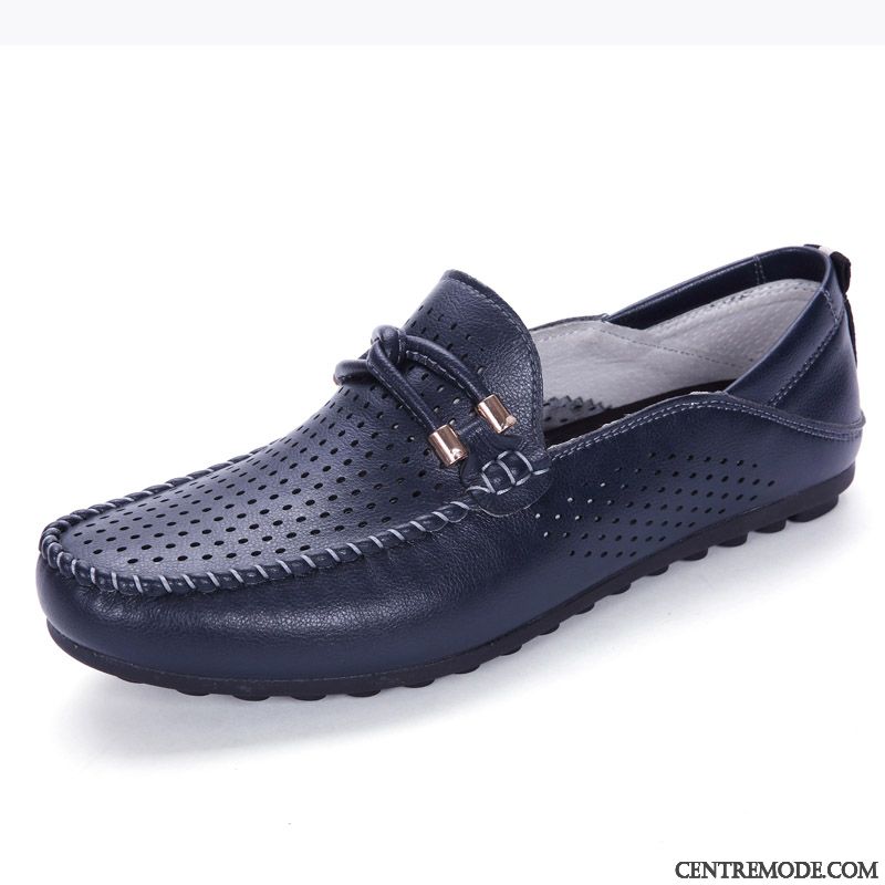 Mocassins Homme Slip-on Été Cuir Véritable Décontractée Creux Guipure Respirant Bleu Blanc