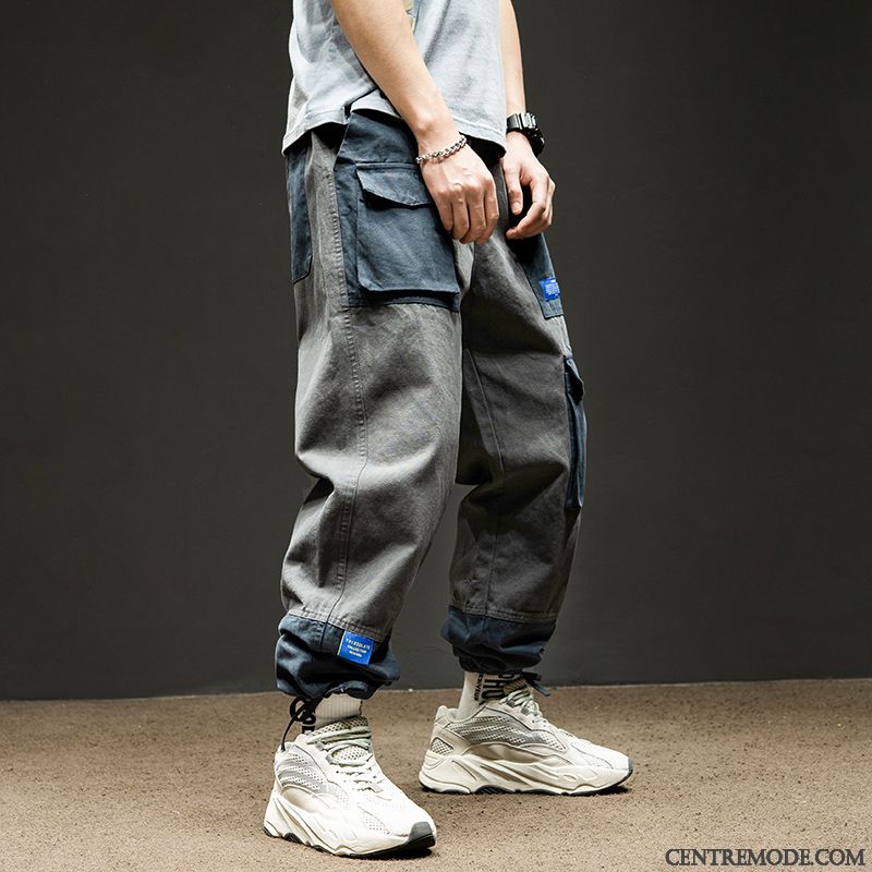 Pantalon Cargo Homme Hip Hop Printemps Gros Poche Baggy Serrés Couleur De Contraste Gris