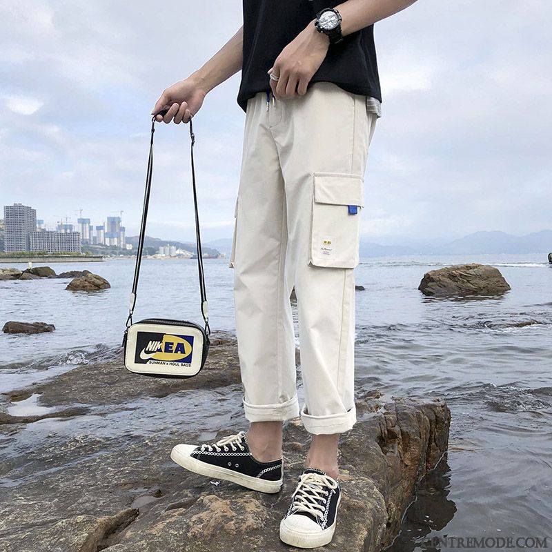Pantalon Cargo Homme Été Tendance Légère Jambe Droite Baggy Décontractée Blanc