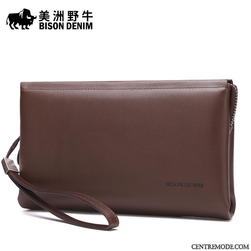 Portefeuille Homme Pochette Grande Capacité Entreprise Cuir Véritable Loisir Marron