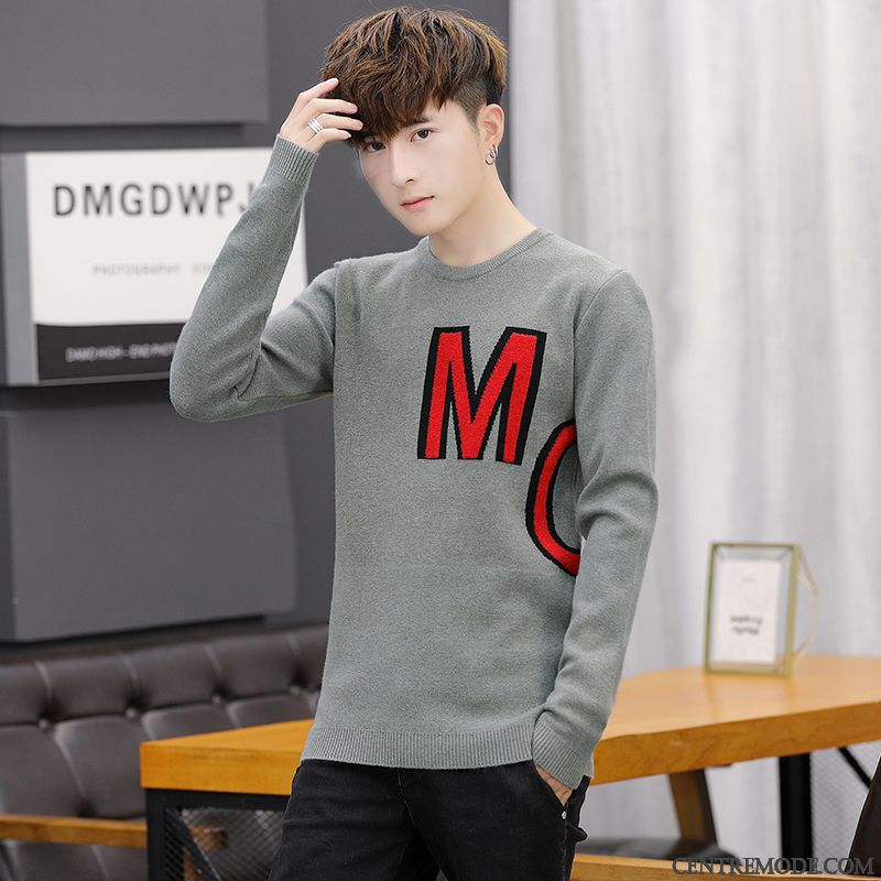 Pulls Gilets Homme Slim L'automne Longues Tendance Knitwear Pullovers Couleurs Mixtes Gris Clair