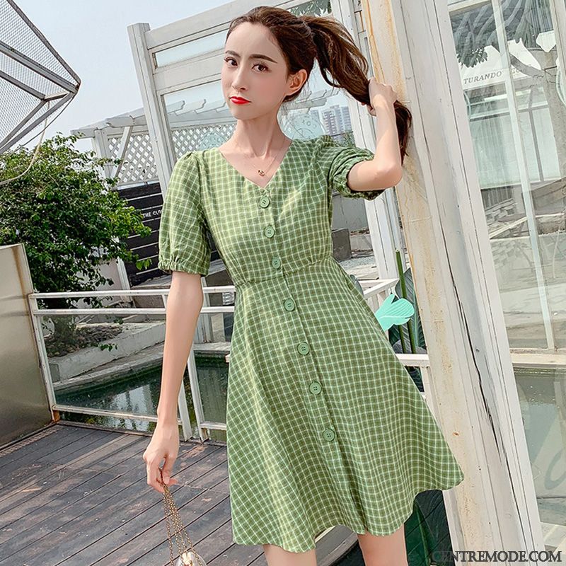 Robes Femme Bouton À Une Rangée Carreaux Dos Nu Courte Tendance Été Rouge Vert