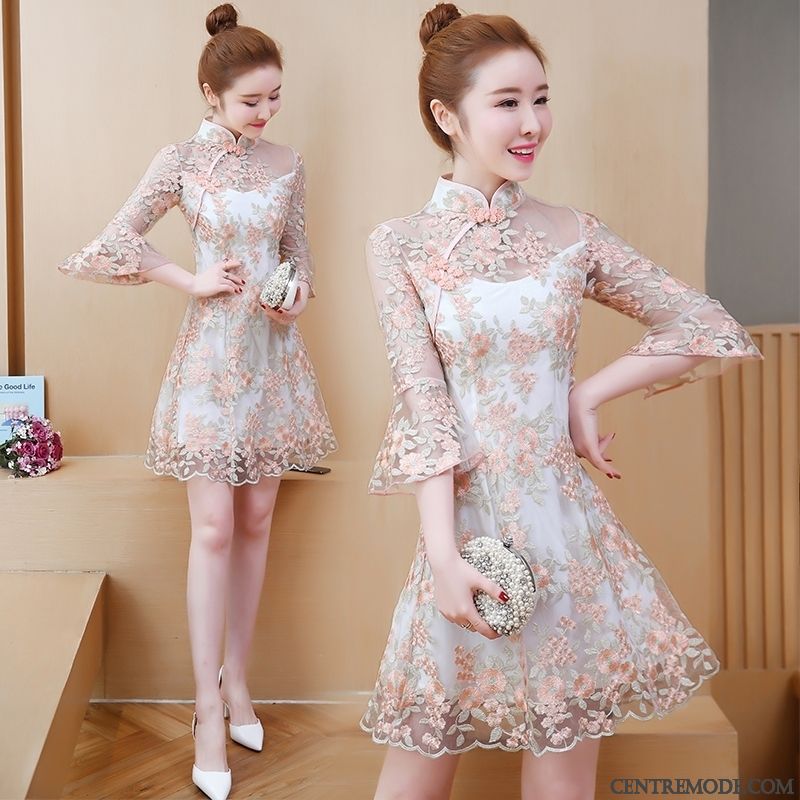 Robes Femme Cheongsam Floral Manche Été Dentelle Rose