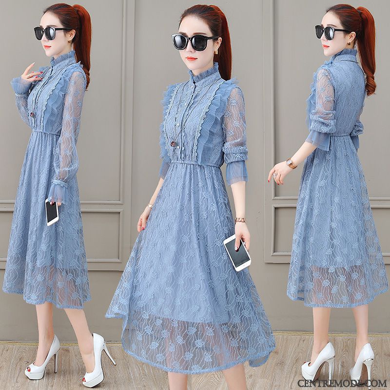 Robes Femme Dentelle Dames Slim Tempérament Printemps L'automne Bleu