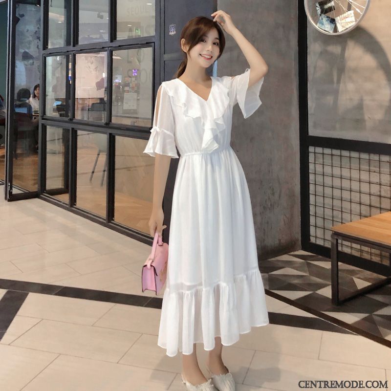 Robes Femme La Mode Été Mousseline De Soie Mince Tendance Floral Blanc