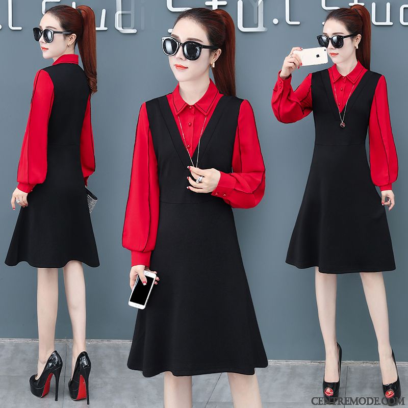 Robes Femme Longues Mousseline De Soie A Lettre Tempérament Printemps Mode Rouge