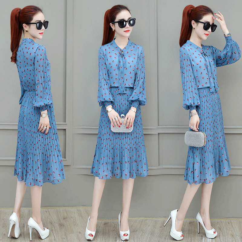 Robes Femme Mousseline De Soie Tempérament Printemps Longues Mode Floral Bleu