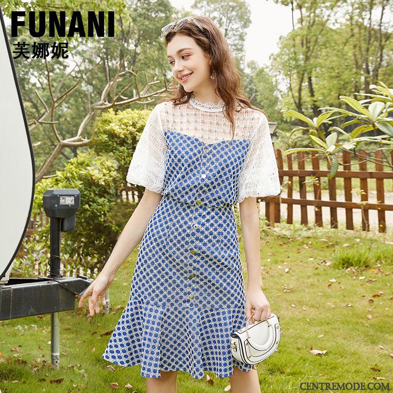 Robes Femme Queue De Poisson Été Mince Haute Cintrée Dentelle Épissure Impression Bleu