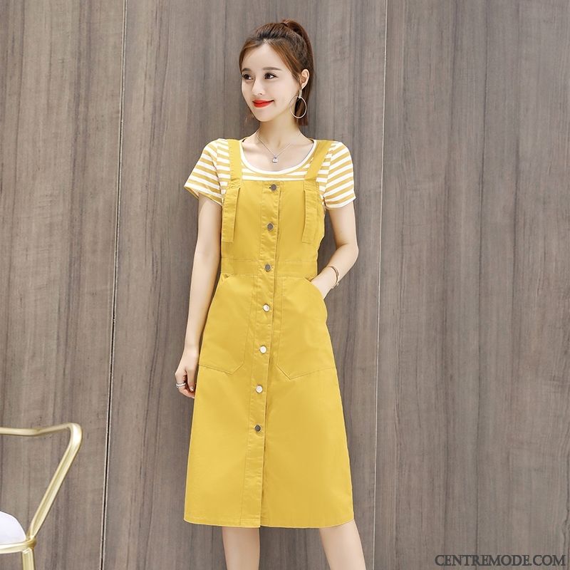 Robes Femme Slim Été Deux-pièces Bretelle La Mode Mince Jaune