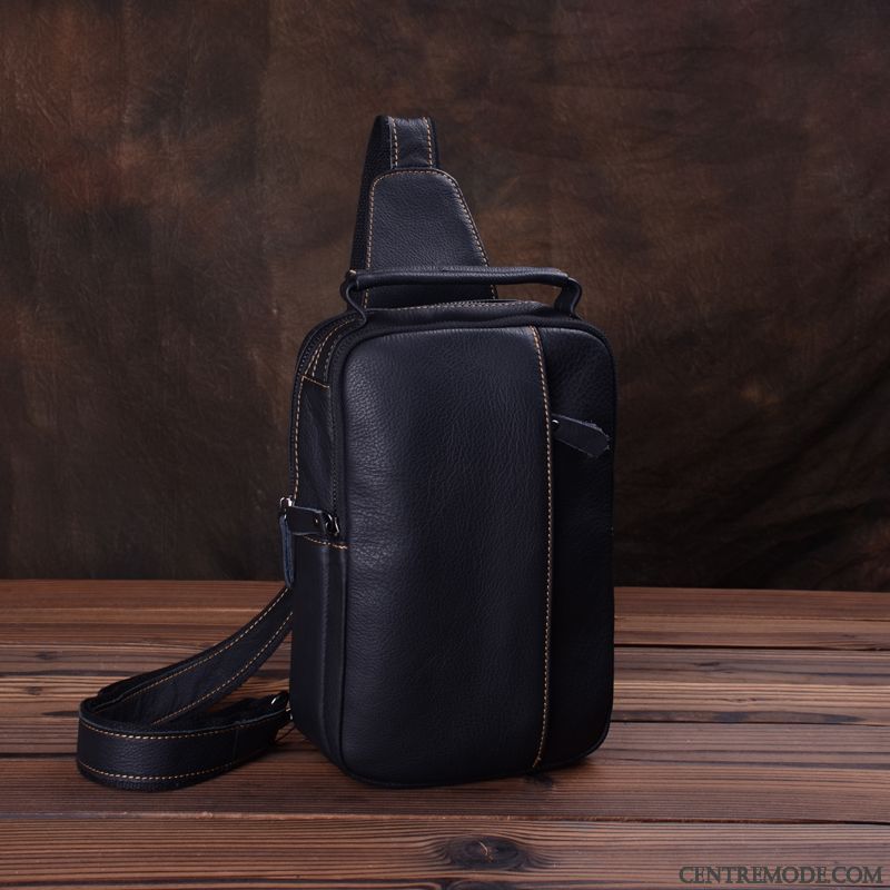 Sac À Bandoulière Homme Cuir Véritable Sport Loisir Petit Couche De Tête Tendance Noir