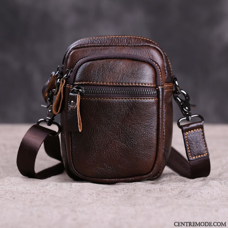 Sac À Bandoulière Homme Sac Poitrine Mini Manuel Cuir Véritable Été Cuir De Vache Marron