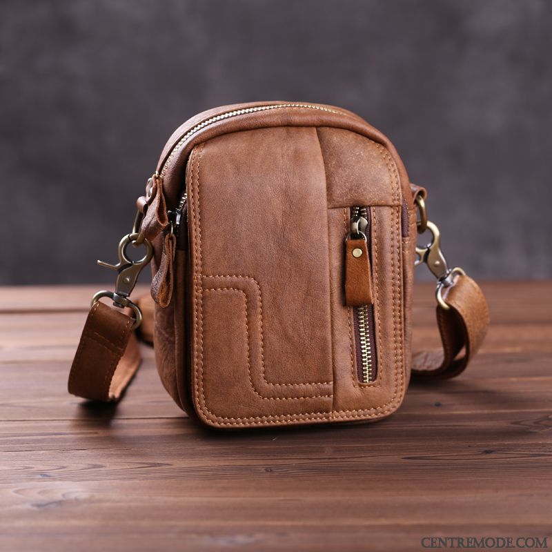 Sac À Bandoulière Homme Section Verticale Rétro Mini Loisir Sacs À Bandoulière Cuir De Vache Marron