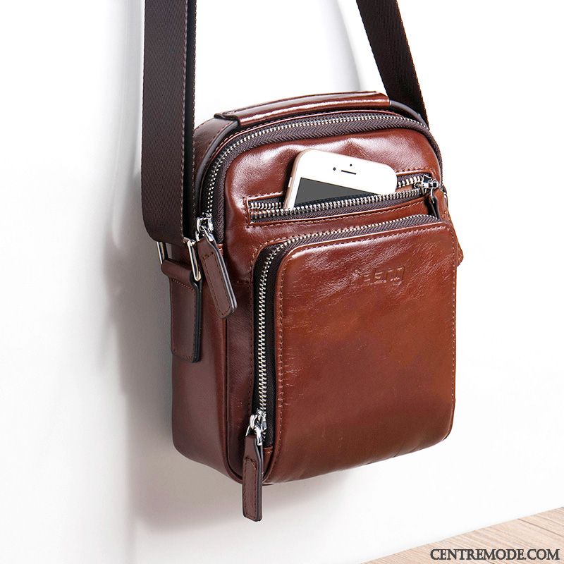 Sac À Bandoulière Homme Tendance Couche De Tête Cuir Véritable Rétro Petit Mini Marron