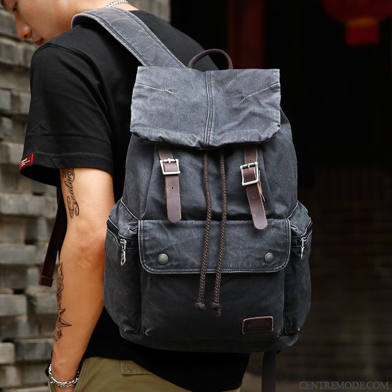 Sac À Dos Homme Loisir Toile Cartable Voyage De Plein Air Étudiant Noir