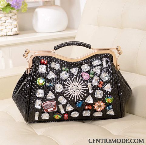 Sac À Main Femme Couleur Chaîne Le Nouveau Cuir Verni Tendance Pierres De Strass Noir