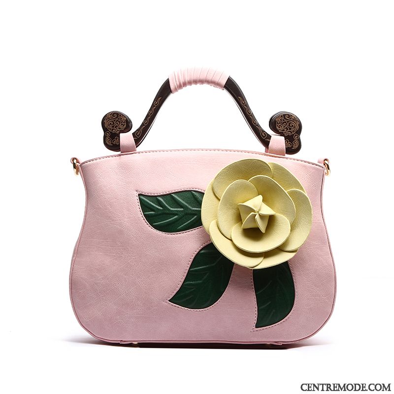 Sac À Main Femme Fleurs Le Nouveau Printemps Bois Dimensionnel Rétro Couleur De Contraste Rose