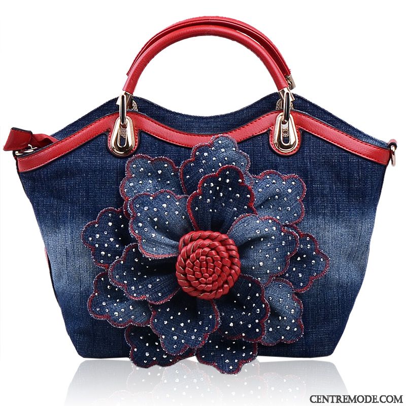 Sac À Main Femme Le Nouveau Denim Toile Portable Diamant Mode Rose Rouge