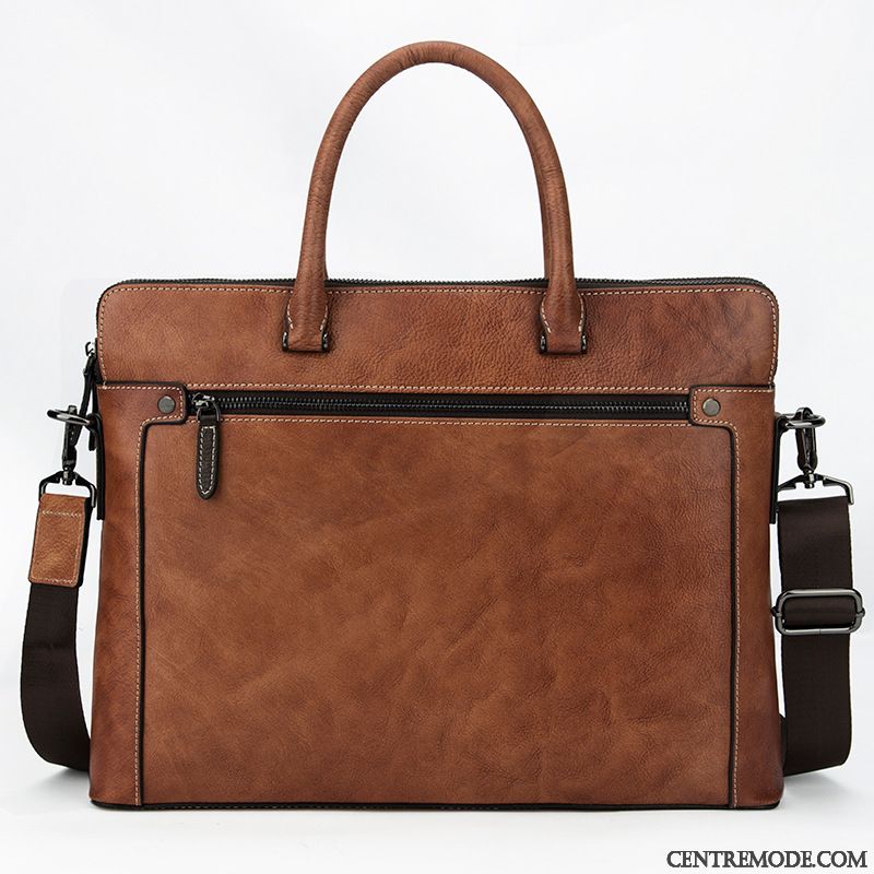 Sac À Main Homme Sac D'ordinateur Portable Cuir Mallette Rétro Sacs À Bandoulière Simple Marron