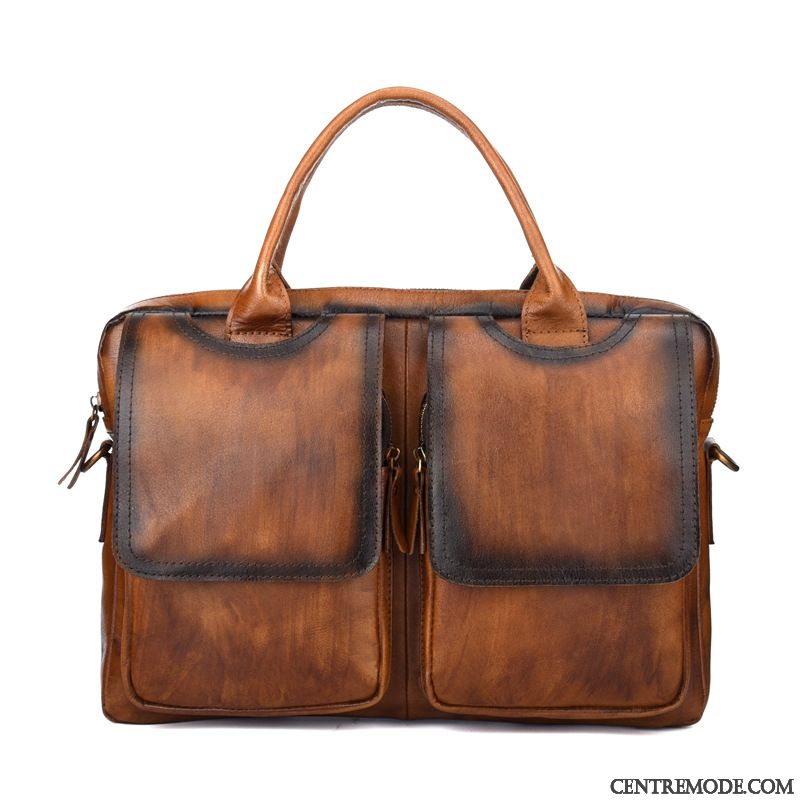 Sac À Main Homme Sac De Messager Mallette Portable Cuir Véritable Sacs À Bandoulière Cuir De Vache Marron