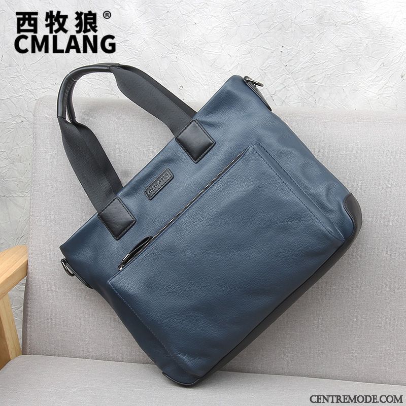 Sac À Main Homme Sacs À Bandoulière Mode Couche De Tête Sac De Messager Cuir Véritable Grand Bleu Marin