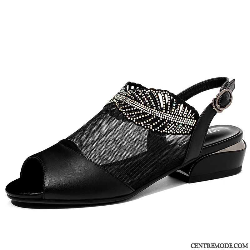 Sandales Femme Flats Respirant Peep-orteil Tous Les Assortis Cuir Véritable Imitation Strass Noir