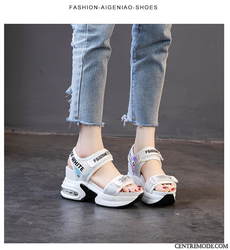 Sandales Femme Semelle Épaisse Mesh Décontractée Tous Les Assortis Plateforme Talons Hauts Blanc Rouge