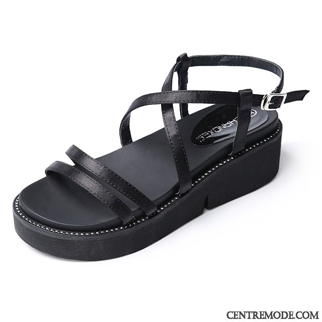 Sandales Femme Soie Rome Tous Les Assortis Semelle Épaisse Chaussures À Plateformes Sexy Noir