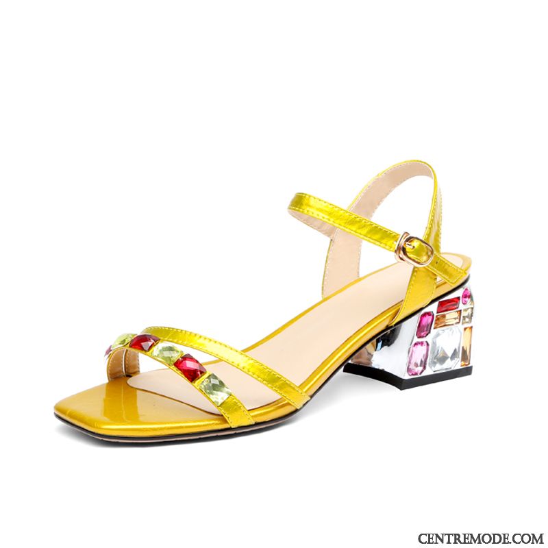 Sandales Femme Talon Moyen Été Imitation Strass Cuir Cuir Véritable Dame Jaune