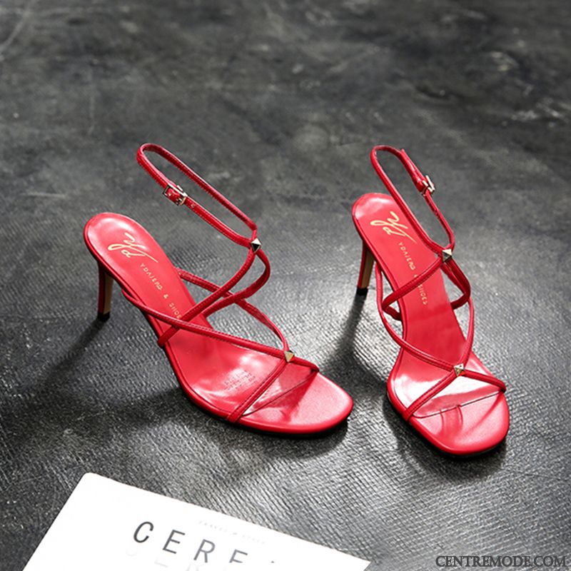 Sandales Femme Tous Les Assortis Escarpins Été Minces Mode Ouverture Du Pied Noir Rouge