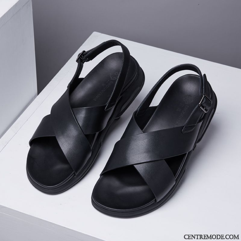 Sandales Homme Cuir Véritable Semelle Doux Tendance Antidérapant Tous Les Assortis Plage Noir