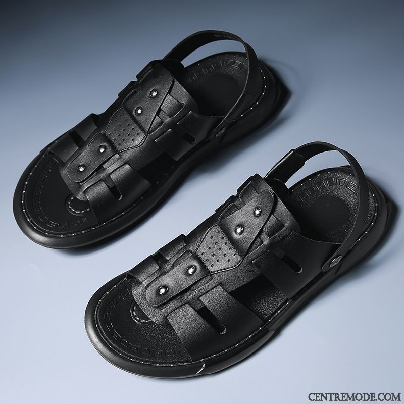 Sandales Homme Décontractée Rome Plage Imprimé Cuir Véritable Été Noir