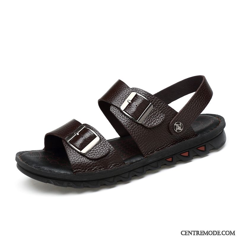 Sandales Homme En Cuir Semelle Doux Tongs Chaussons Cuir Véritable Été Outwear Brun