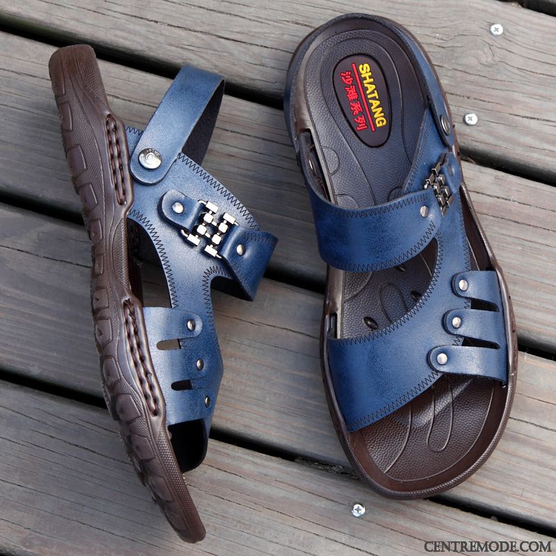 Sandales Homme Imperméable Plage Tendance Conduite Cuir Véritable Bleu