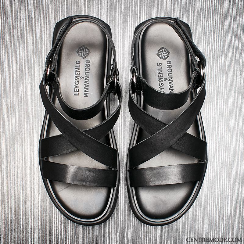 Sandales Homme Plage Cuir Véritable Rome Tongs Chaussons Tendance Été Noir