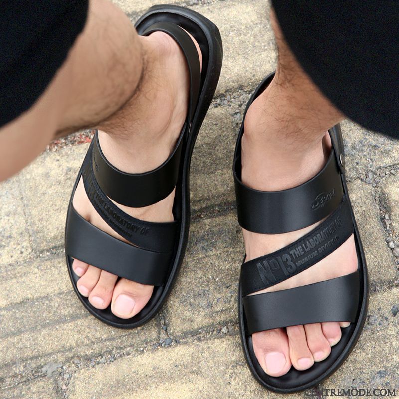 Sandales Homme Plage Décontractée Été Cuir Véritable Noir Brun