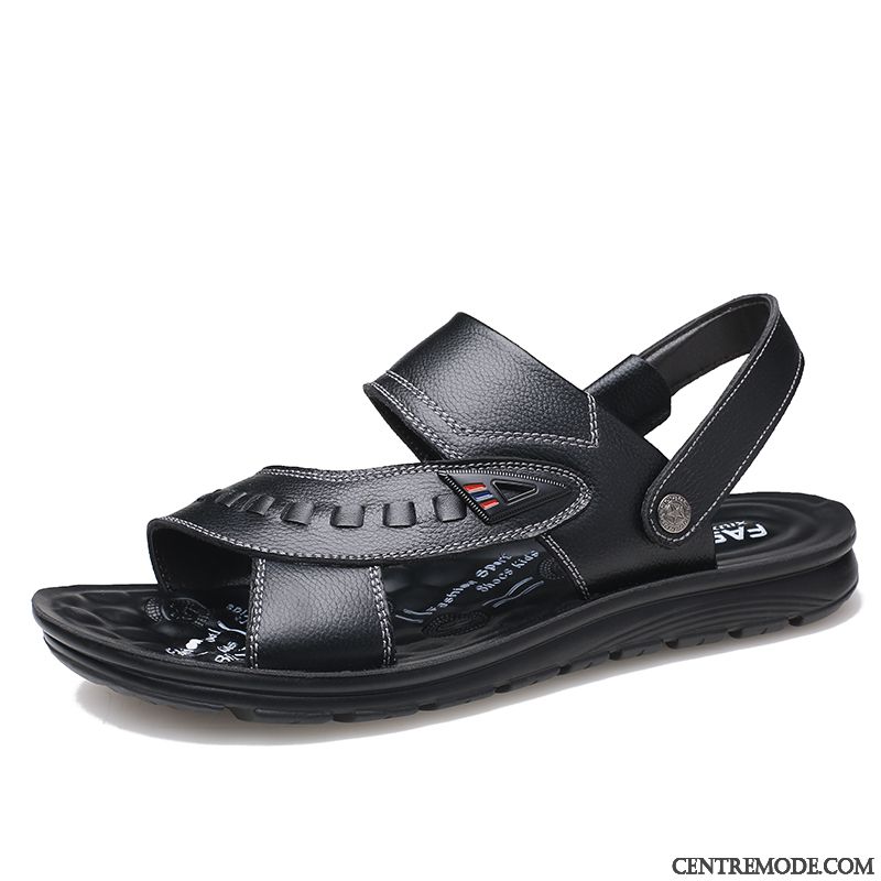 Sandales Homme Plage Été Décontractée Cuir Véritable Tongs Chaussons Noir