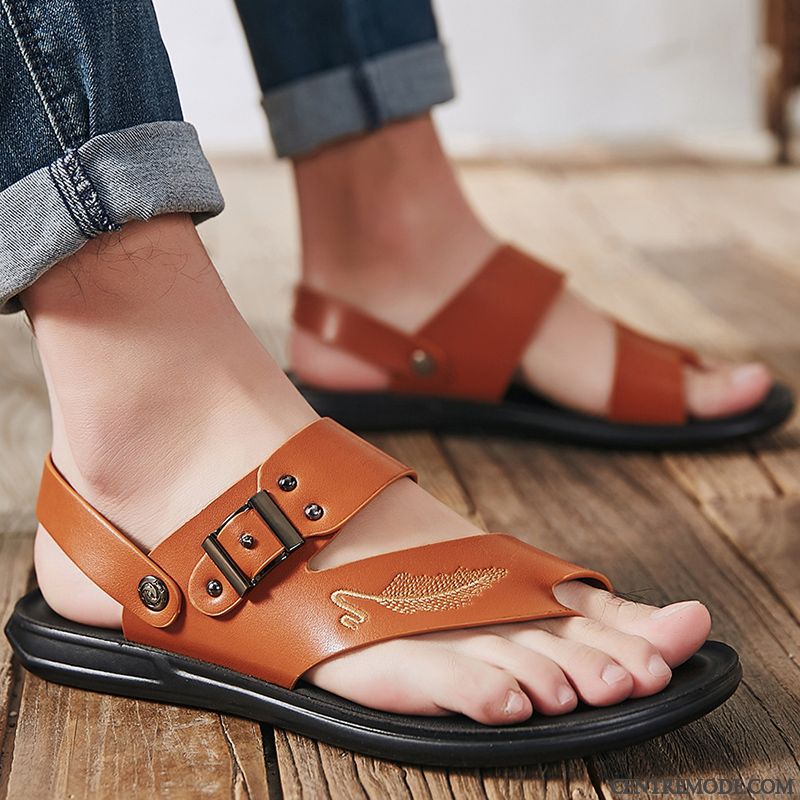 Sandales Homme Tendance Décontractée Cuir Véritable Tongs Chaussons Vacances Plage Marron