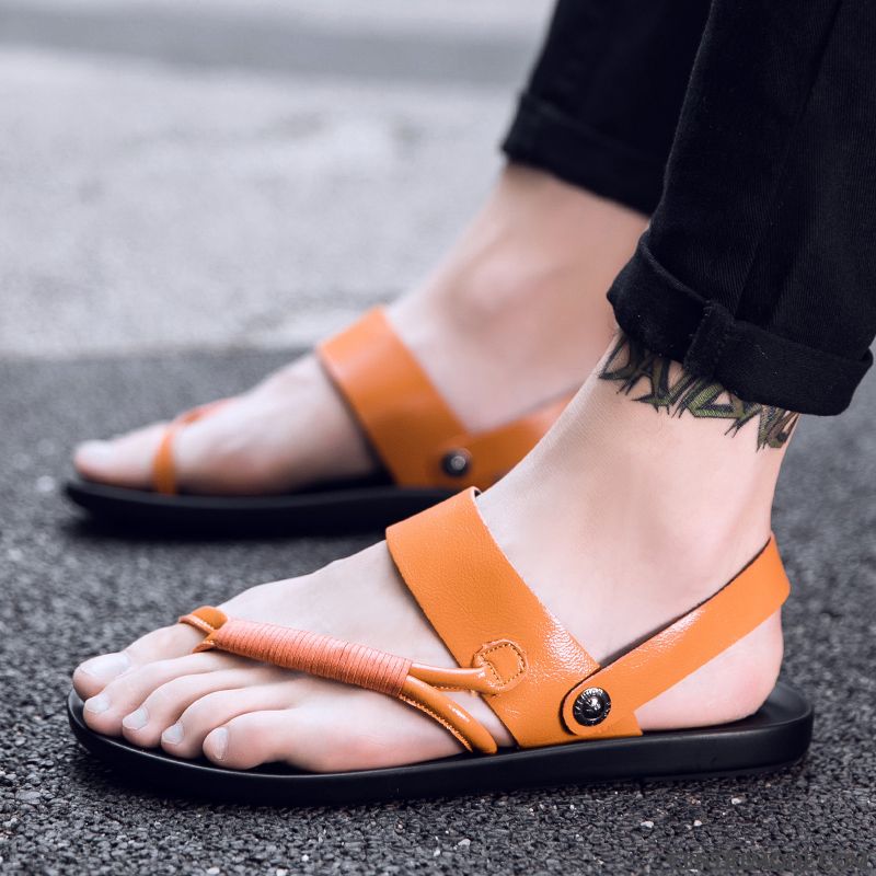 Sandales Homme Tendance Tongs Personnalité Décontractée Semelle Doux Cuir Véritable Marron