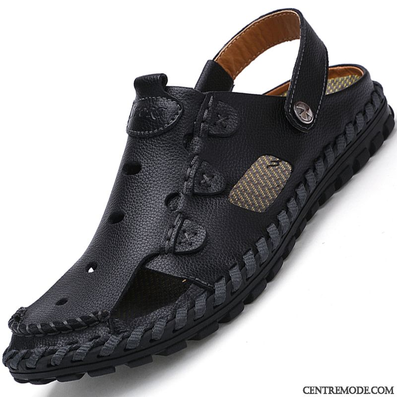 Sandales Homme Tongs Chaussons Cuir Plage En Cuir Été Cuir Véritable Noir