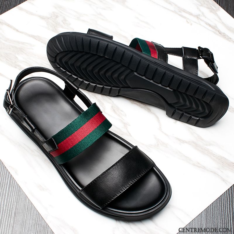 Sandales Homme Tous Les Assortis Plage Personnalité Antidérapant Tendance En Cuir Noir