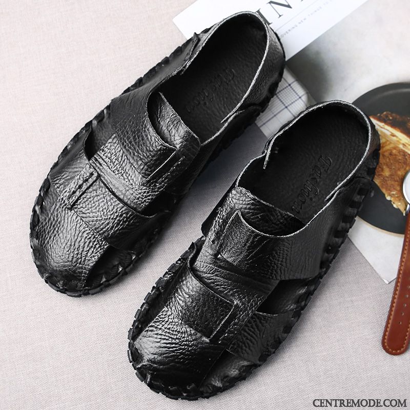Sandales Homme Été Cuir Véritable Tendance Semelle Doux Décontractée Plage Noir