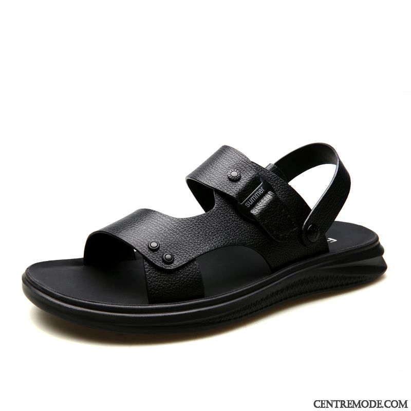 Sandales Homme Été Cuir Véritable Tendance Tous Les Assortis Plage Tongs Chaussons Noir